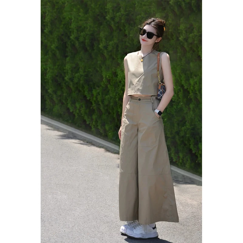 2025夏日时尚简约休闲修身显瘦无袖背心上衣高腰直筒阔腿裤两件套