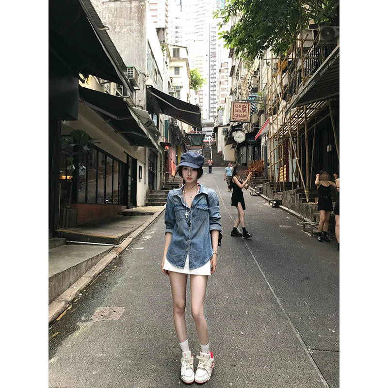 高级设计感复古百搭蓝色牛仔衬衫上衣2025夏季性感辣妹高腰半身裙