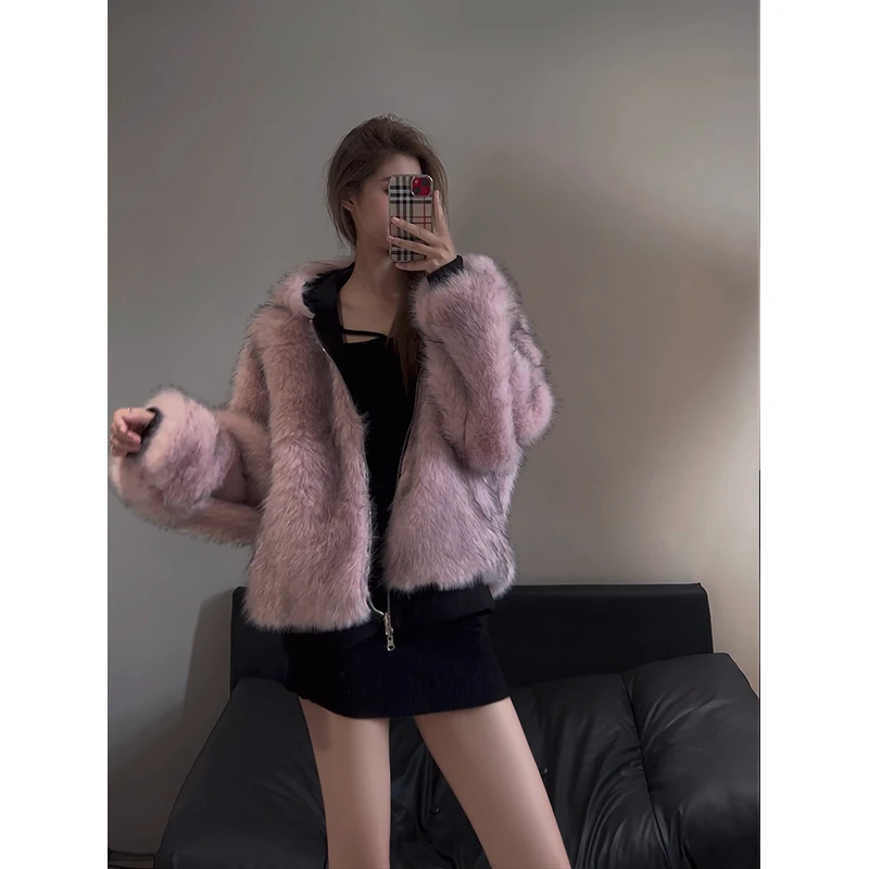 2024秋冬新款高级设计感正反两穿连帽短外套女软糯舒适毛茸茸上衣