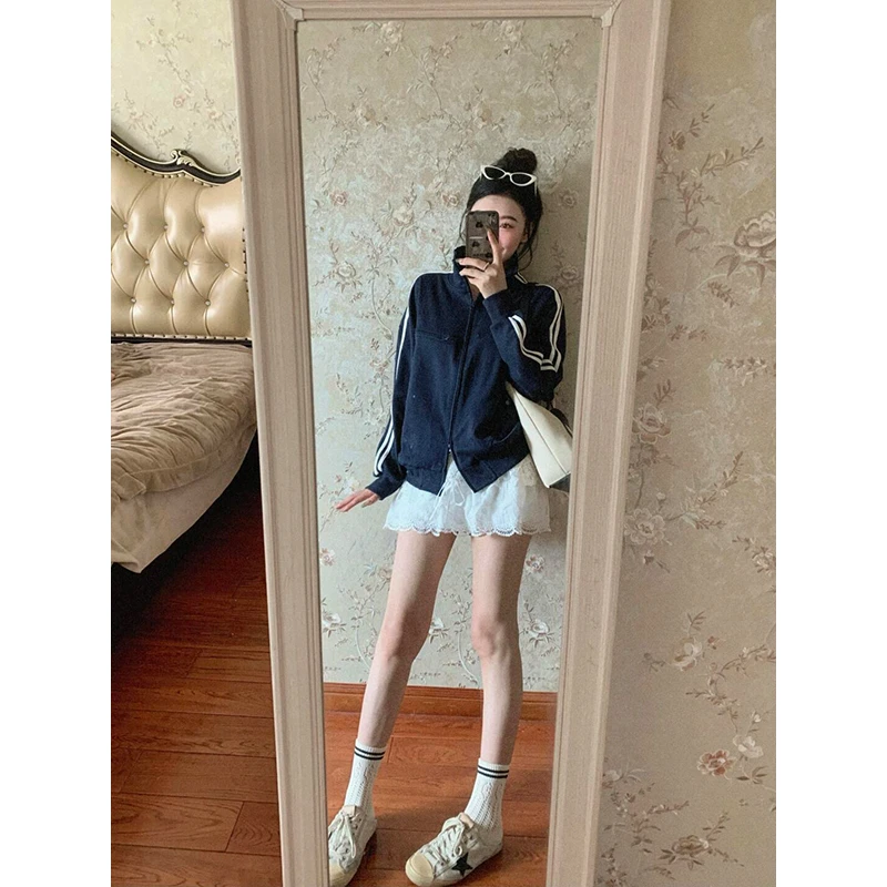 双杠分割拉链卫衣2025美式百搭宽松运动开衫外套女性感高腰半身裙