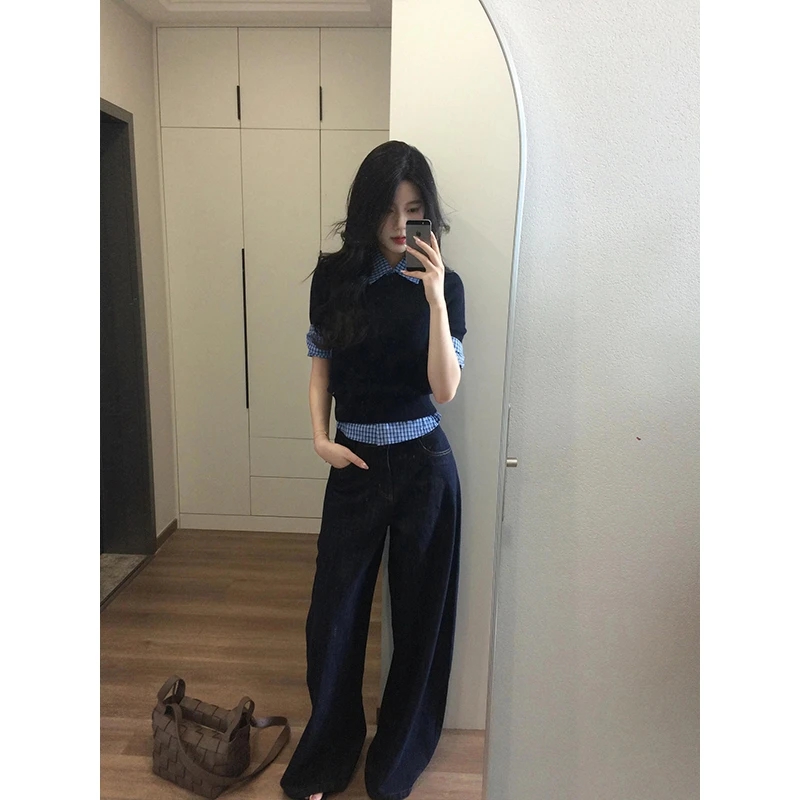 2025秋季新款修身显瘦内搭格子衬衫女圆领毛衣高腰休闲垂感阔腿裤