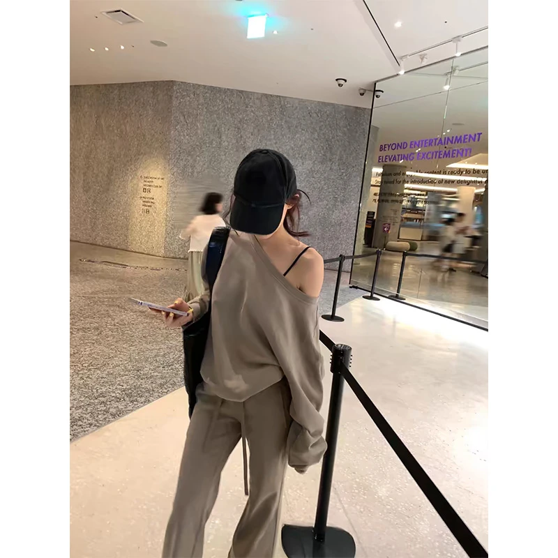 简约时尚薄款透气防晒长袖T恤上衣2025夏季高腰直筒休闲百搭长裤