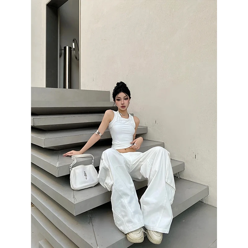 2025夏季新款时尚无袖百搭修身显瘦背心上衣设计感宽松辣妹阔腿裤