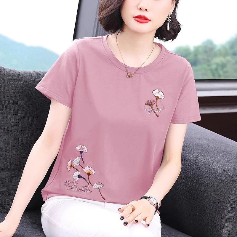 圆领短袖T恤女2026新款中年妈妈装洋气体恤显瘦纯棉半袖上衣女夏