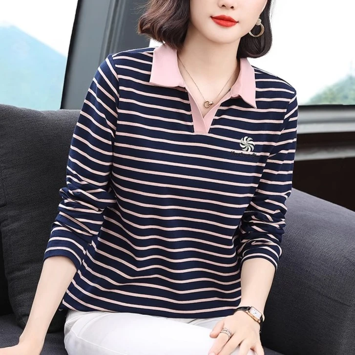妈妈纯棉长袖t恤女春秋翻领条纹上衣中老年人女装洋气有领POLO衫
