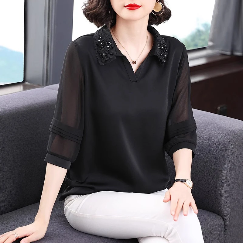 春夏中袖上衣女七分袖2026新款中老年妈妈洋气遮肚子黑色雪纺小衫