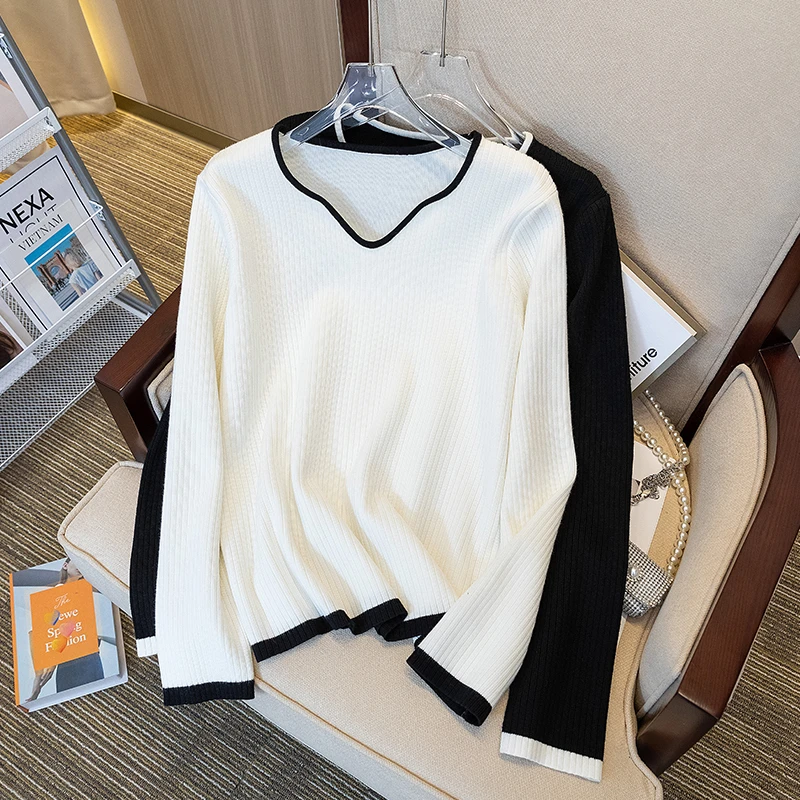 大码女装春秋装显瘦V领长袖内搭上衣秋衣外穿胖MM遮肚针织打底衫