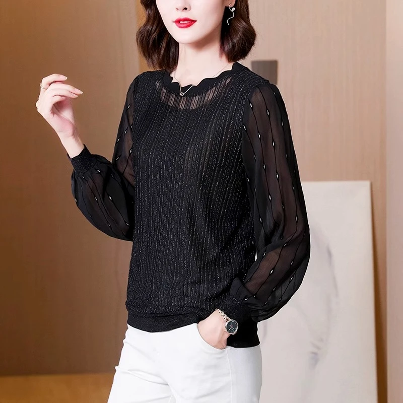 黑色网纱长袖女士T恤春季新款2025妈妈春秋打底衫女内搭显瘦上衣