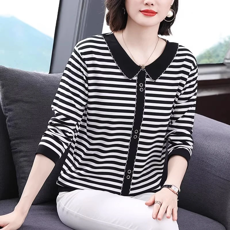 中年妈妈装条纹长袖t恤女2025新款春秋季时尚洋气娃娃领纯棉上衣