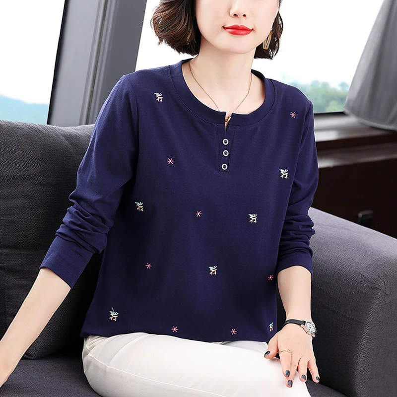 妈妈秋装2025新款纯棉长袖t恤女宽松百搭打底衫中年女士休闲上衣