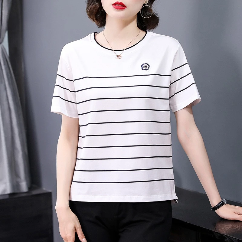 夏季短袖T恤女妈妈装宽松大码上衣服圆领中老年洋气休闲半袖汗衫