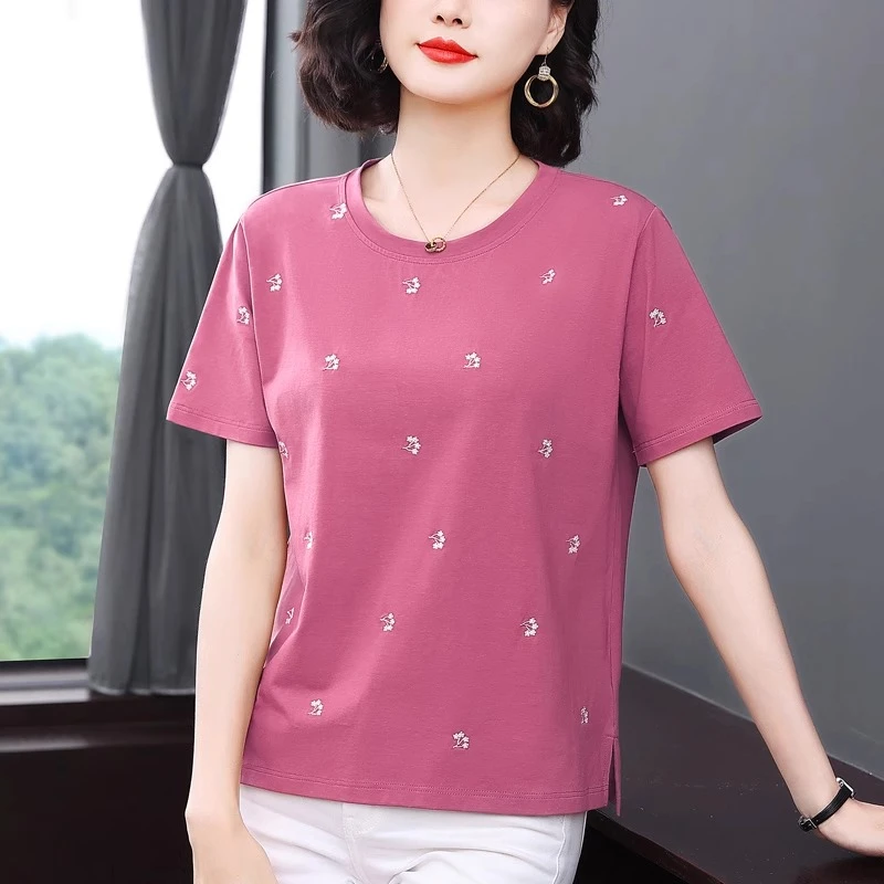 夏季新款中年女装妈妈装圆领T恤简约宽松短袖刺绣体恤衫纯棉上衣