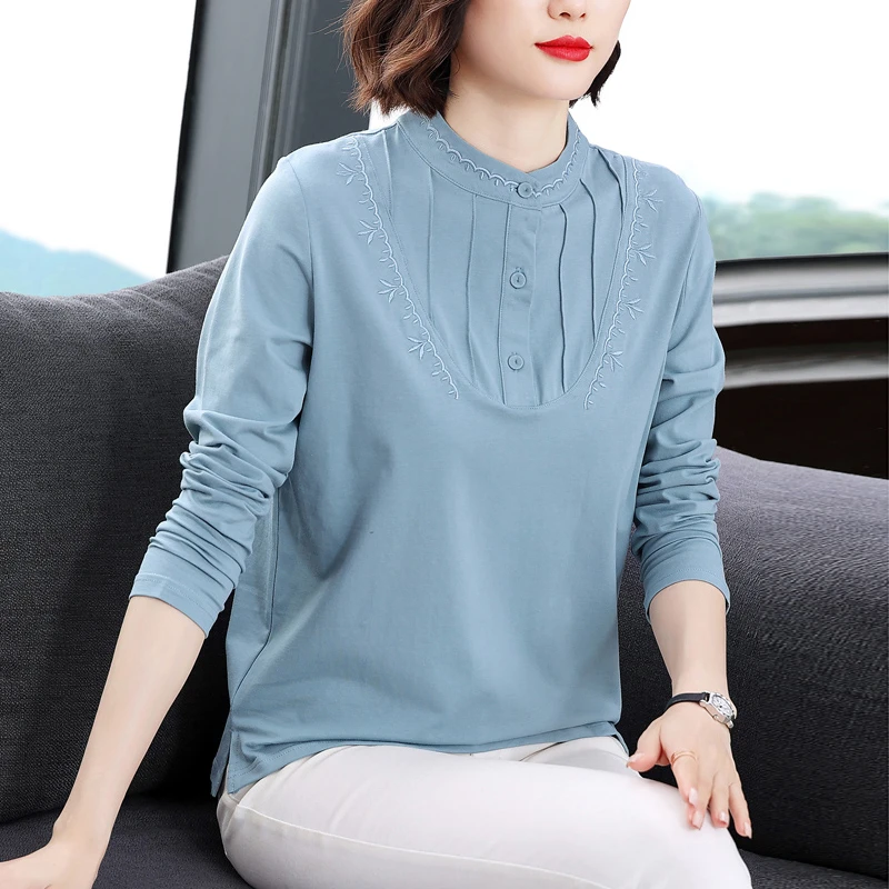 纯棉立领长袖T恤新款妈妈春秋装上衣中老年宽松大码刺绣女士小衫