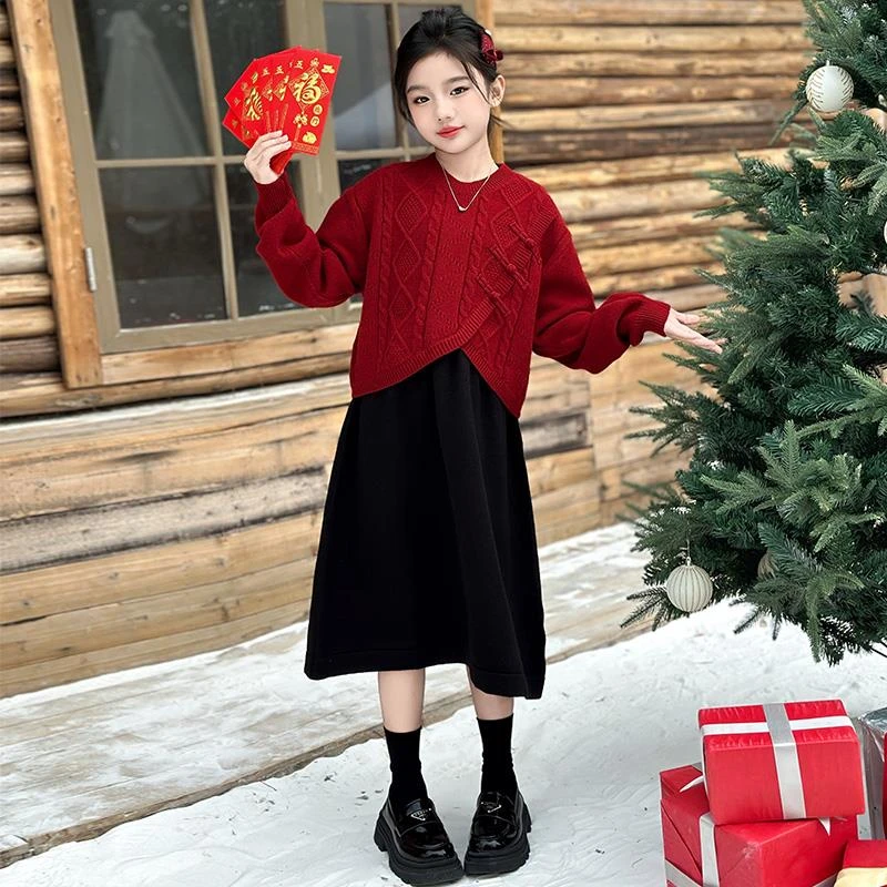 ba巴拉扣扣巴拉潮流儿童冬季连衣裙新年套装2025新款女大童中国