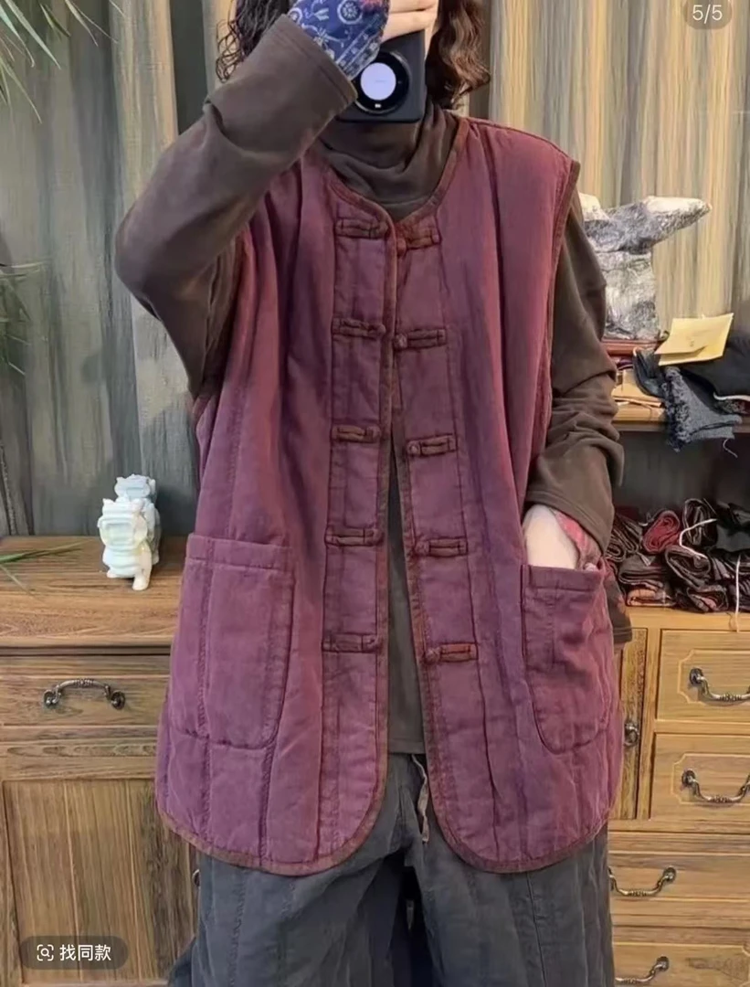 8642秋冬复古炒色夹棉加厚马甲宽松休闲圆领套头无袖外穿坎肩背心