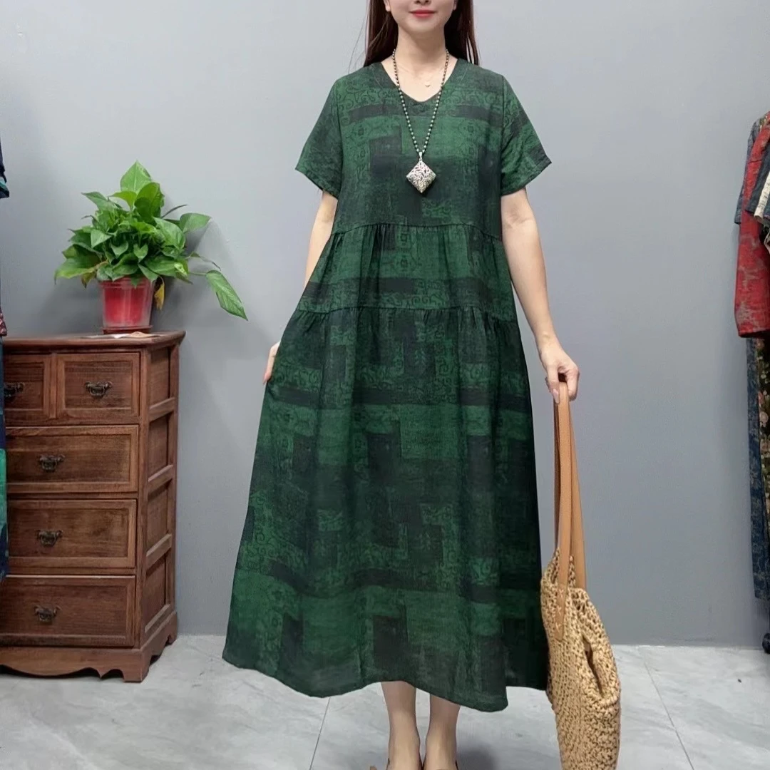 3298夏季新款清凉气质时尚复古遮肚宽松女显瘦百搭V领休闲连衣裙