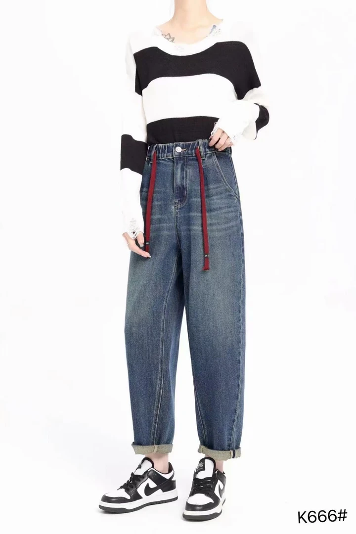 秋装新款松紧腰老爹牛仔裤