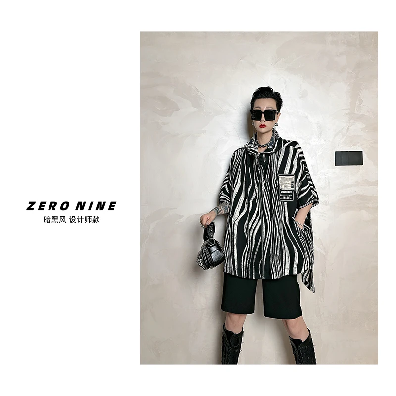 Dan Dan 暗黑厌世风连帽衬衫女 宽松黑白设计师斑马纹设计感衬衣