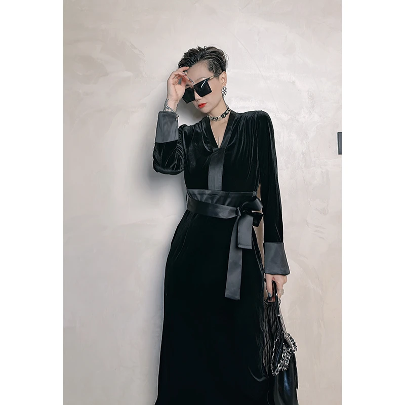 Dan Dan  黑色显气质丝绒连衣裙女 法式高级感拼接风长款裙子