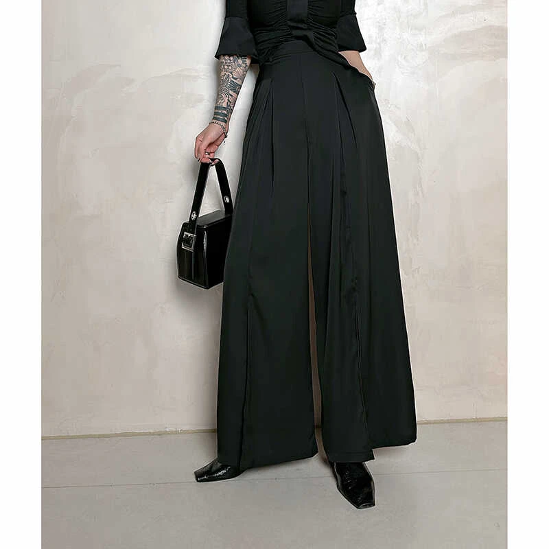 Dan Dan 黑色开叉阔腿裤女 修身显瘦夏季新款直筒休闲裤子