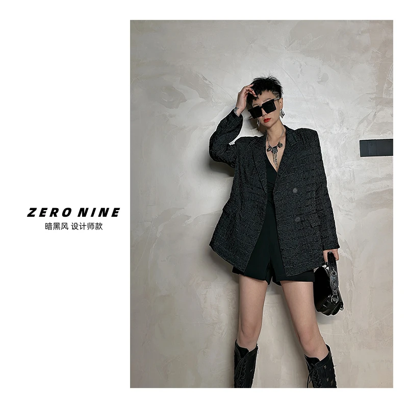 Dan Dan 山本风褶皱西装防晒外套女 夏季薄款黑色长袖小西服