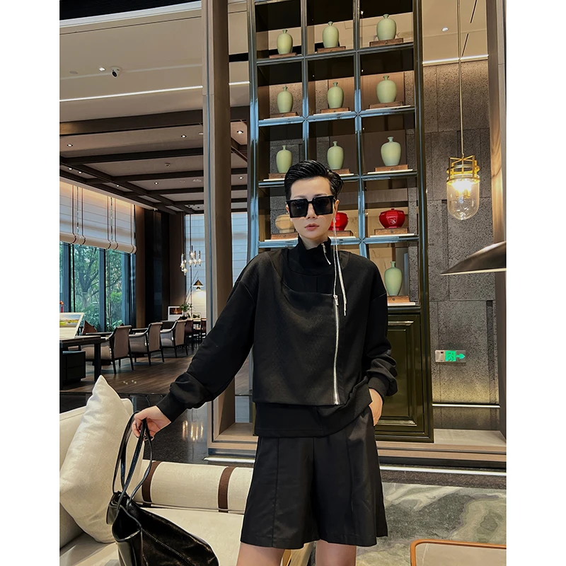 Dan Dan 法式黑色卫衣女 高级感半高领修身显瘦不对称拼接上衣