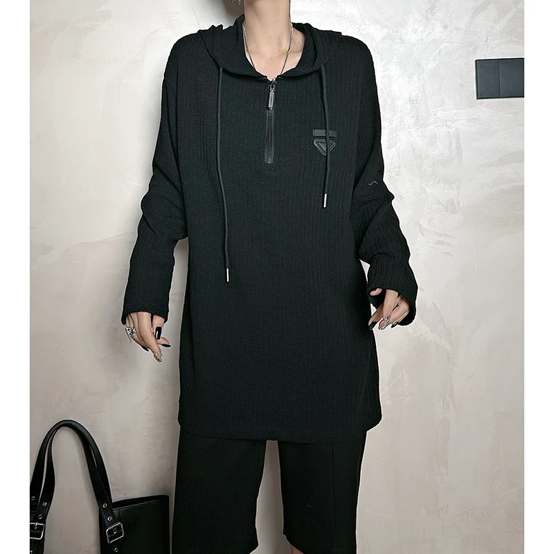 Dan Dan 黑色帅气连帽针织卫衣女 新款网红时尚单穿帽衫