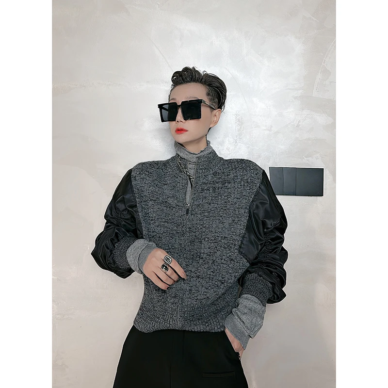 Dan Dan 高级灰设计感小众针织开衫女 拼接复古风棒球领短外套ins