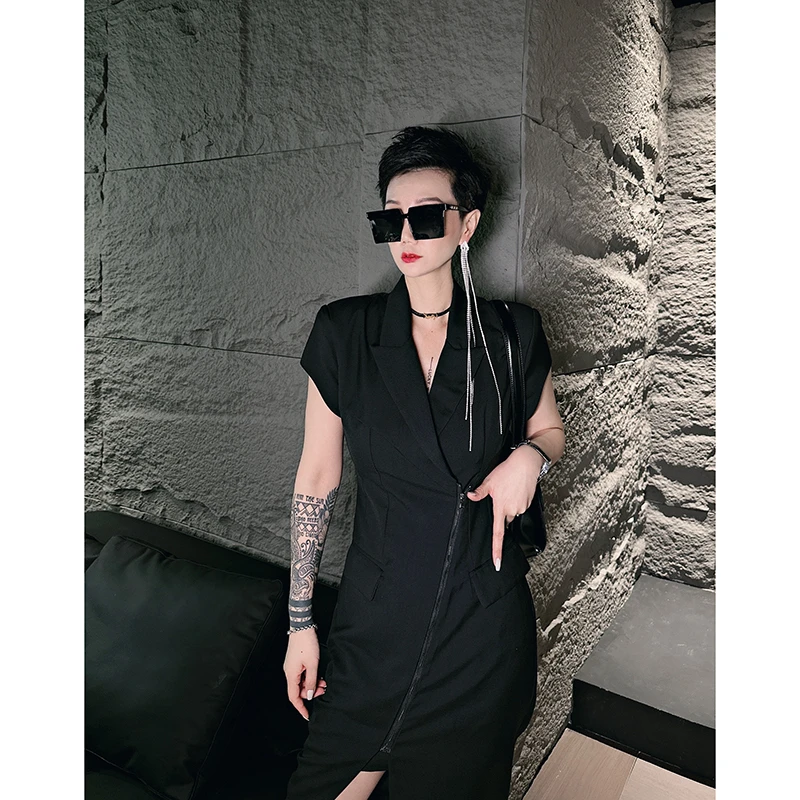 DanDan黑色新款法式连衣裙高档西装领高级感裙子气质高端女士长裙