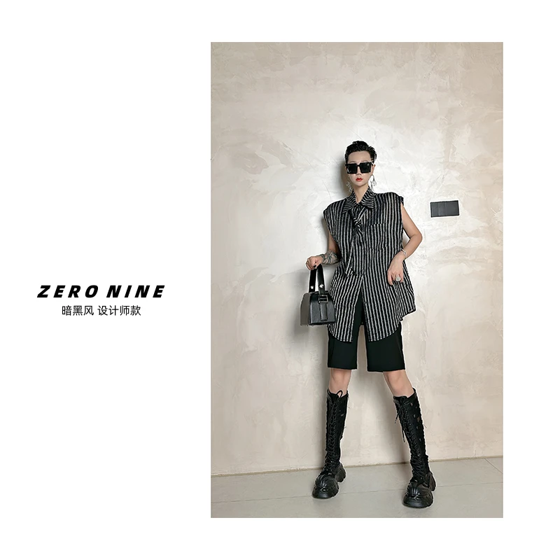 Dan Dan 条纹小众设计感领带衬衫女 2024夏季新款宽松无袖上衣