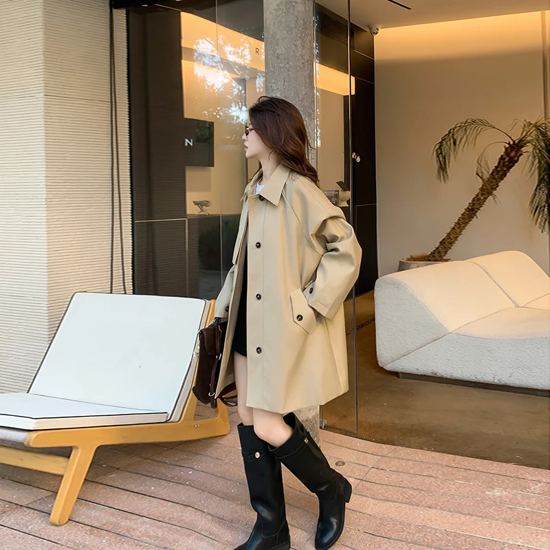 Benview日系卡其色风衣女秋2024新款休闲小个子中长款外套大衣