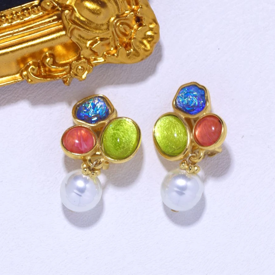 铜合金耳饰 阿烁中古BA白珠蓝绿粉琉璃耳夹 as4145
