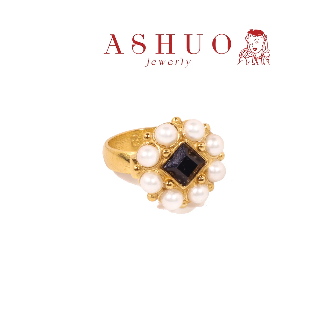 铜合金戒指 阿烁中古BA白珠黑琉璃戒指as4164