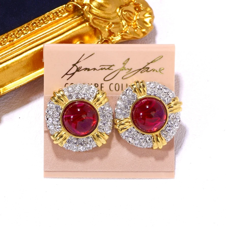 铜合金耳饰 阿烁中古KJL红色琉璃耳夹 as4105