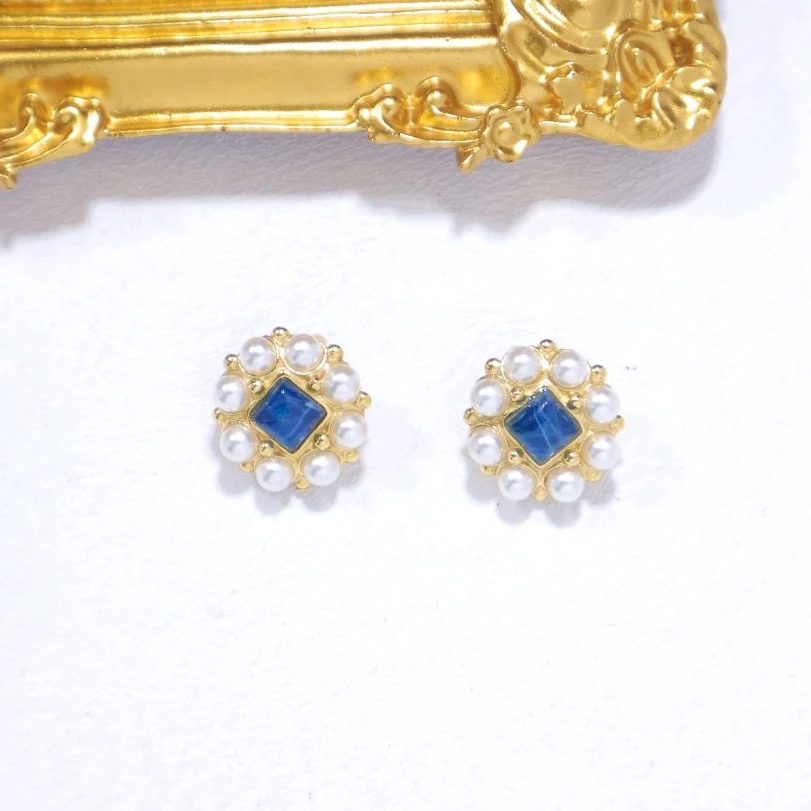 铜合金耳饰 阿烁中古BA白珠蓝琉璃耳夹 as5070