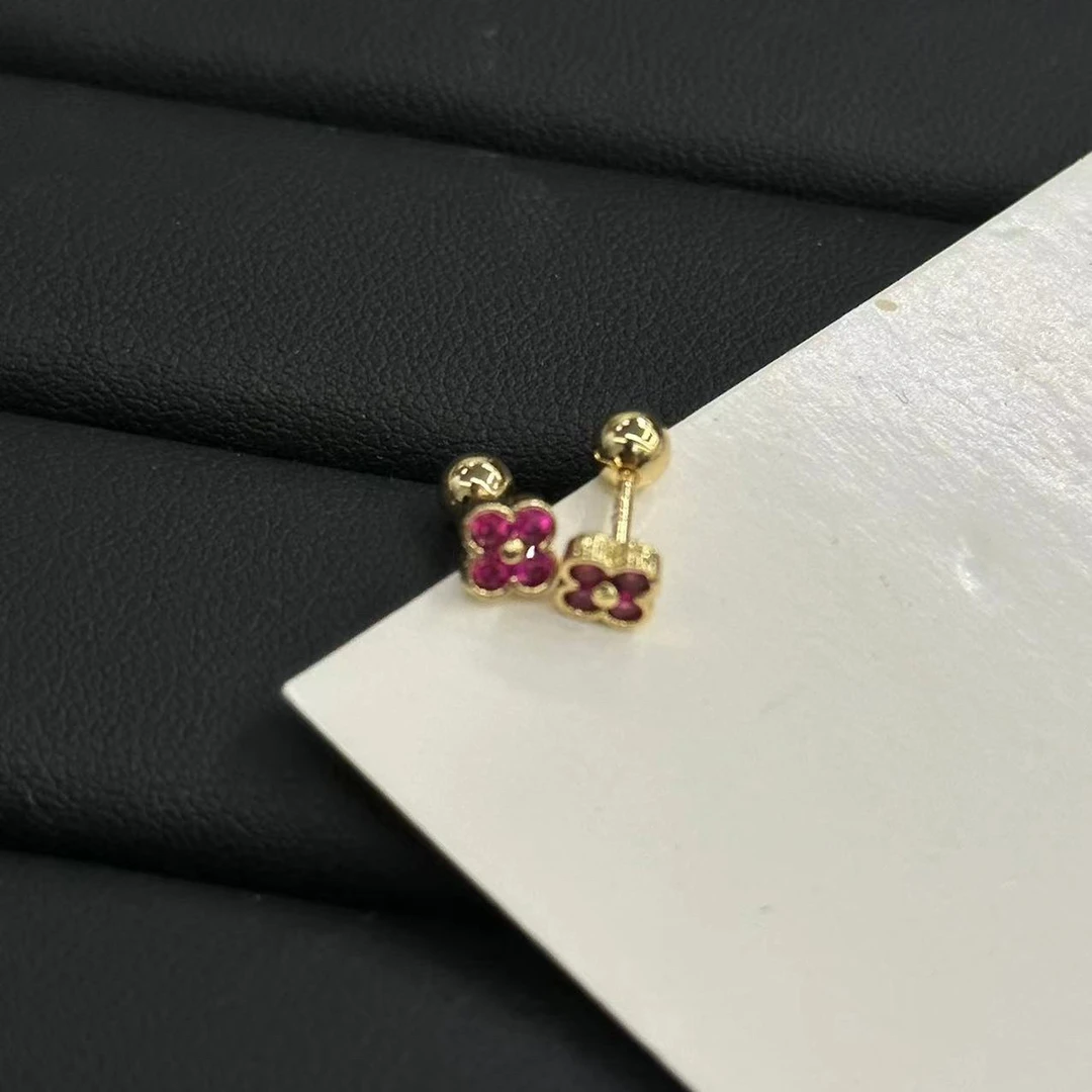 钛钢耳饰 玫粉色花花螺丝拧耳钉-8823