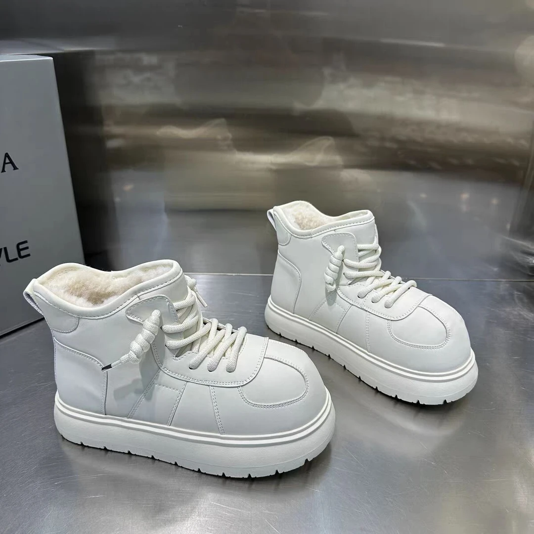 NY厚底白色防水雪地靴女款2024冬季新款加绒加厚皮毛一体短筒棉鞋