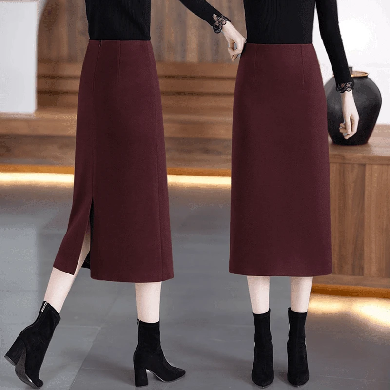 安格拉红毛呢半身裙2024秋冬新款高腰显瘦时尚气质开叉A字中长裙