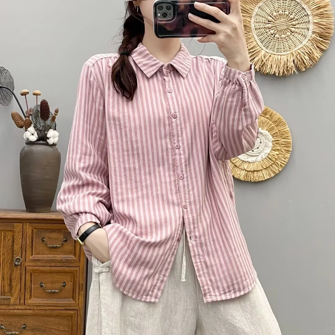 秋季新款双层棉纱竖条纹五分袖上衣女士衬衫宽松休闲文艺风-9681