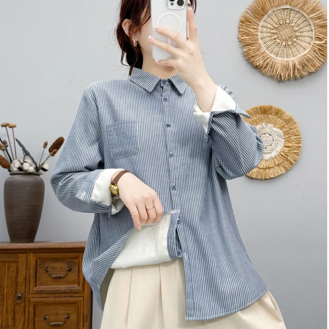 2024冬季新款 加绒加厚细条纹衬衫 休闲宽松复古吧百搭长袖衬衫女