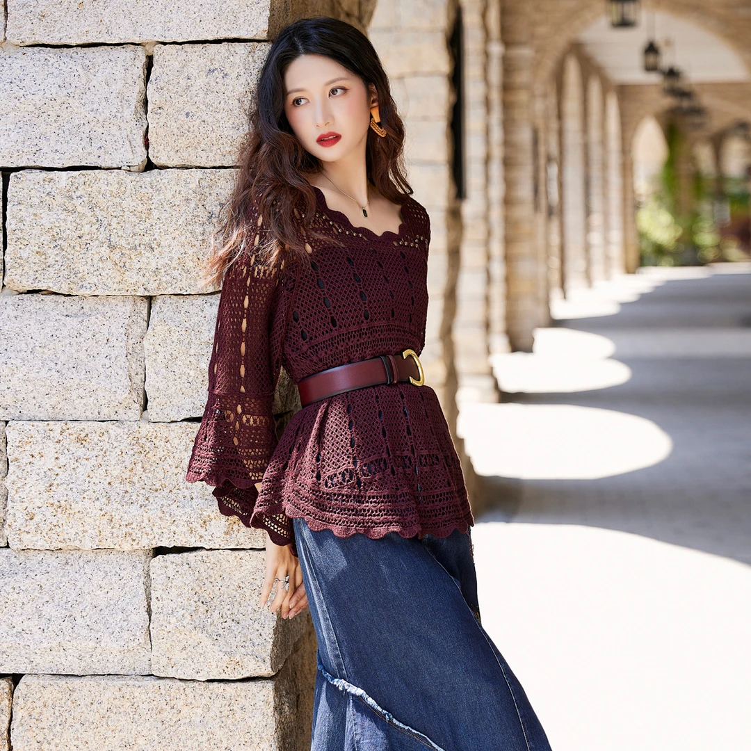 【可可原创】气质镂空显瘦喇叭袖针织衫B9632