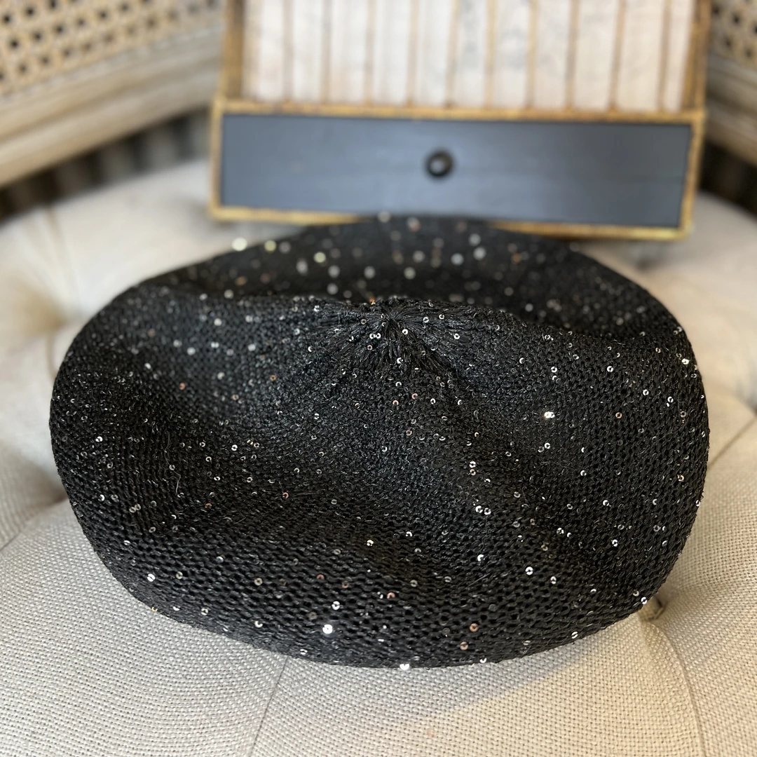 新款贝雷帽子女夏季镂空亮片圆顶街头时尚画家帽百搭显脸小蓓蕾帽