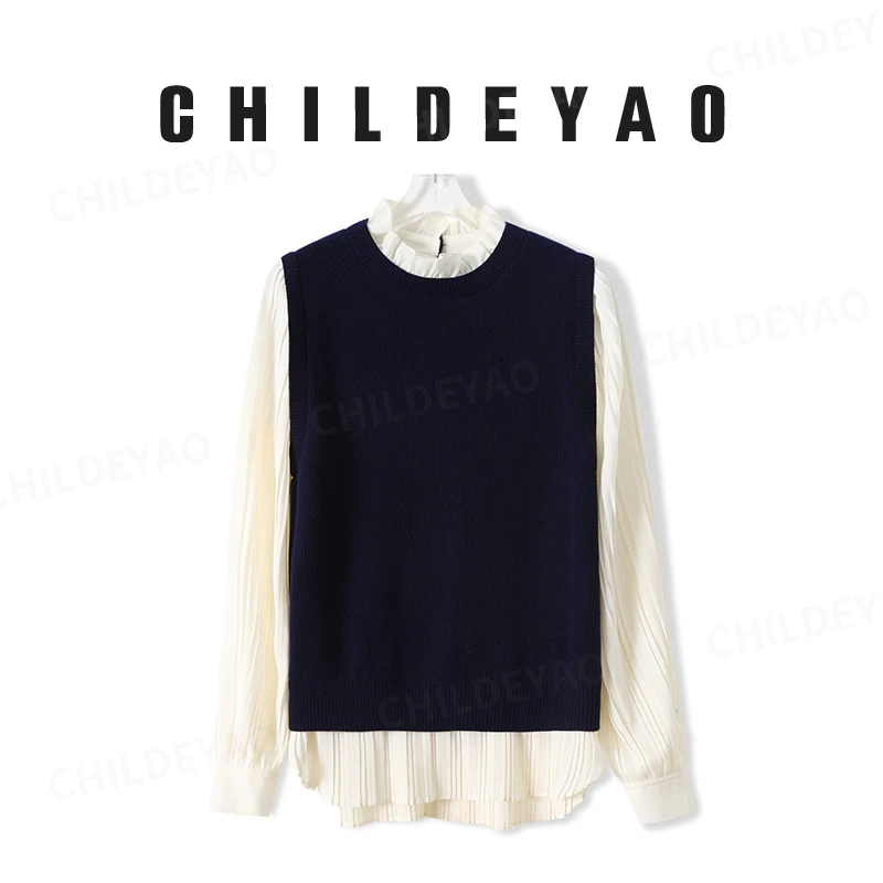 Childe Yao【俪人】+100%绵羊毛花苞领显瘦假两件毛衣F-3229时尚