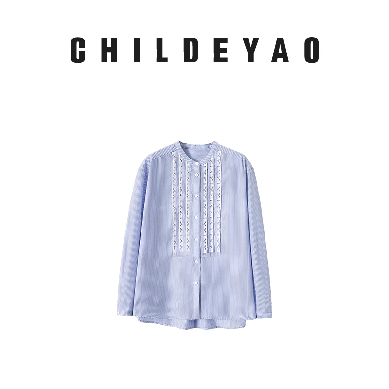 CHILDEYAO镂空设计感蓝色竖条纹清爽长袖衬衫显瘦女式上衣CS-057