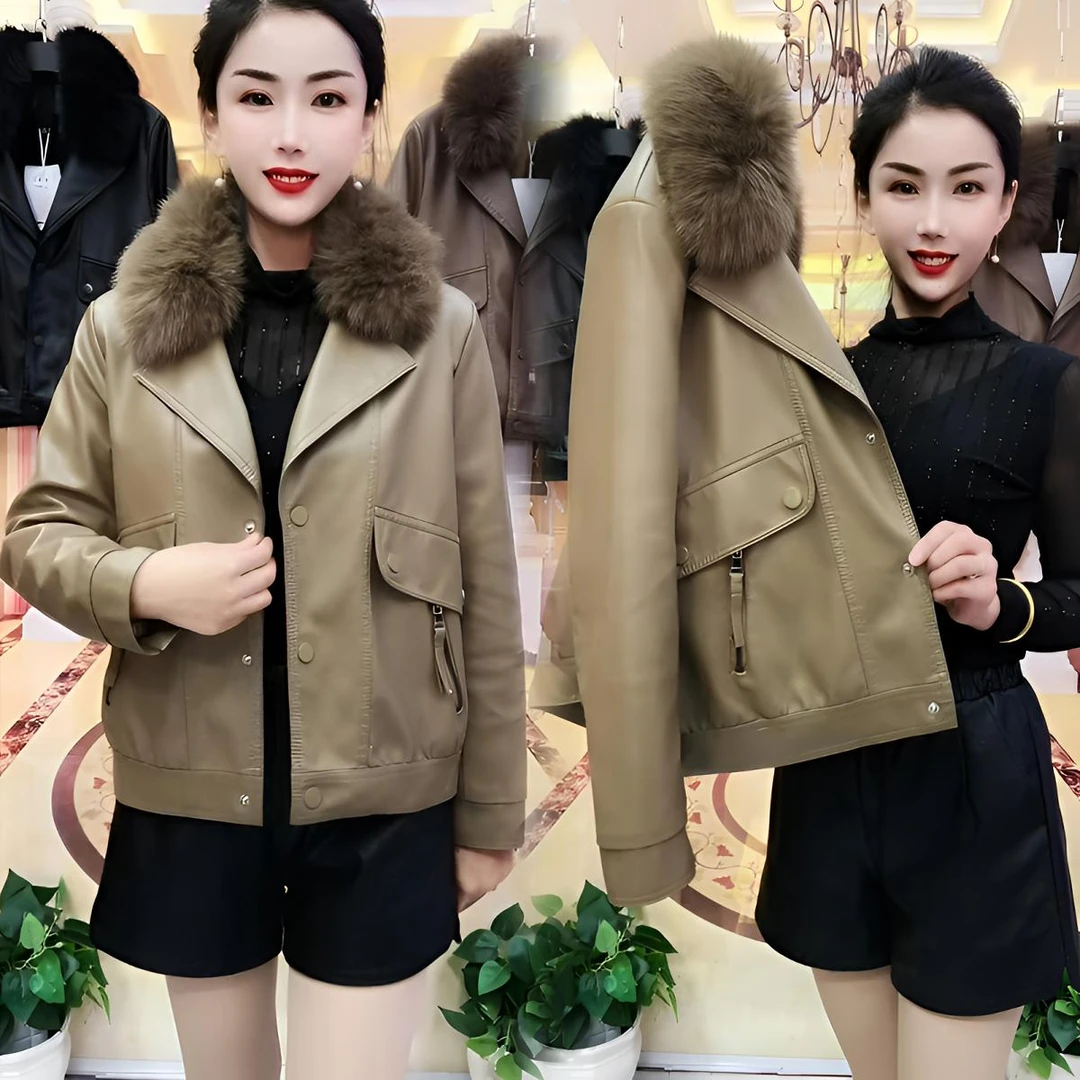 女士皮衣外套加绒加厚2024冬新款爆款保暖防寒可拆卸大毛领皮夹克