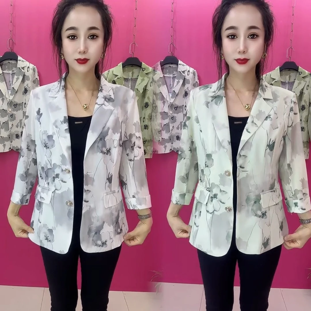 妈妈西装薄款外套2025洋气新款时尚印花花色气质短款网纱西服上衣