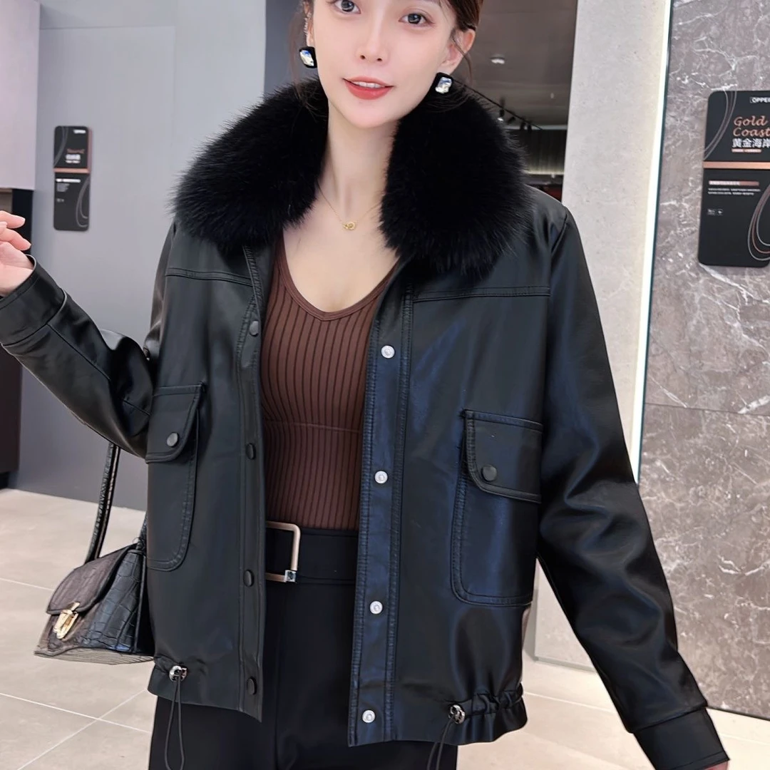 皮衣女2025冬季新款休闲时尚加绒加厚毛领韩版皮夹克休闲短外套潮