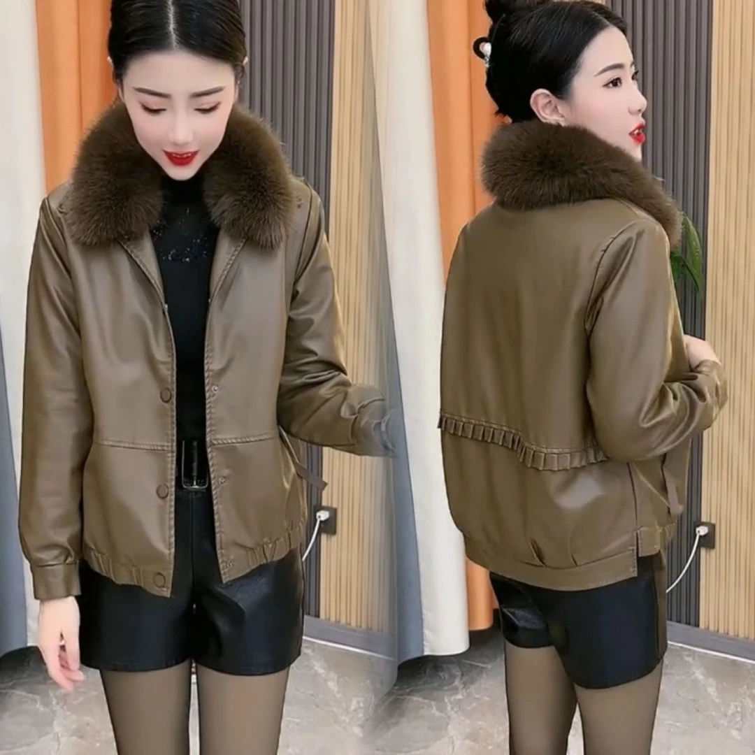 毛领秋冬洋气加绒短款皮衣加厚时尚2025新款皮夹克外套显瘦美拉德