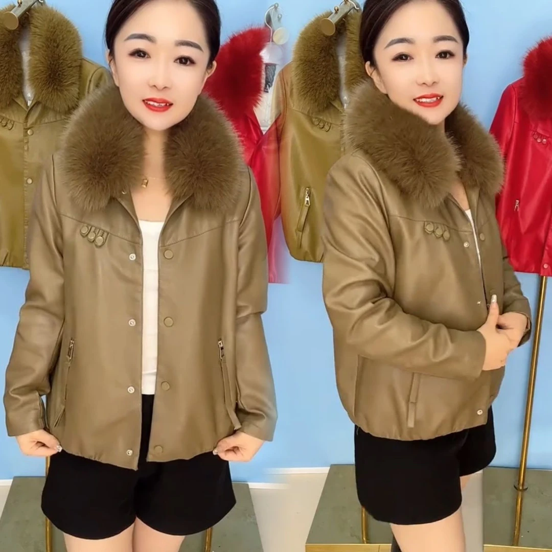 加绒加厚减龄小个子外套女2025秋冬新款休闲纯色百搭气质韩版皮衣