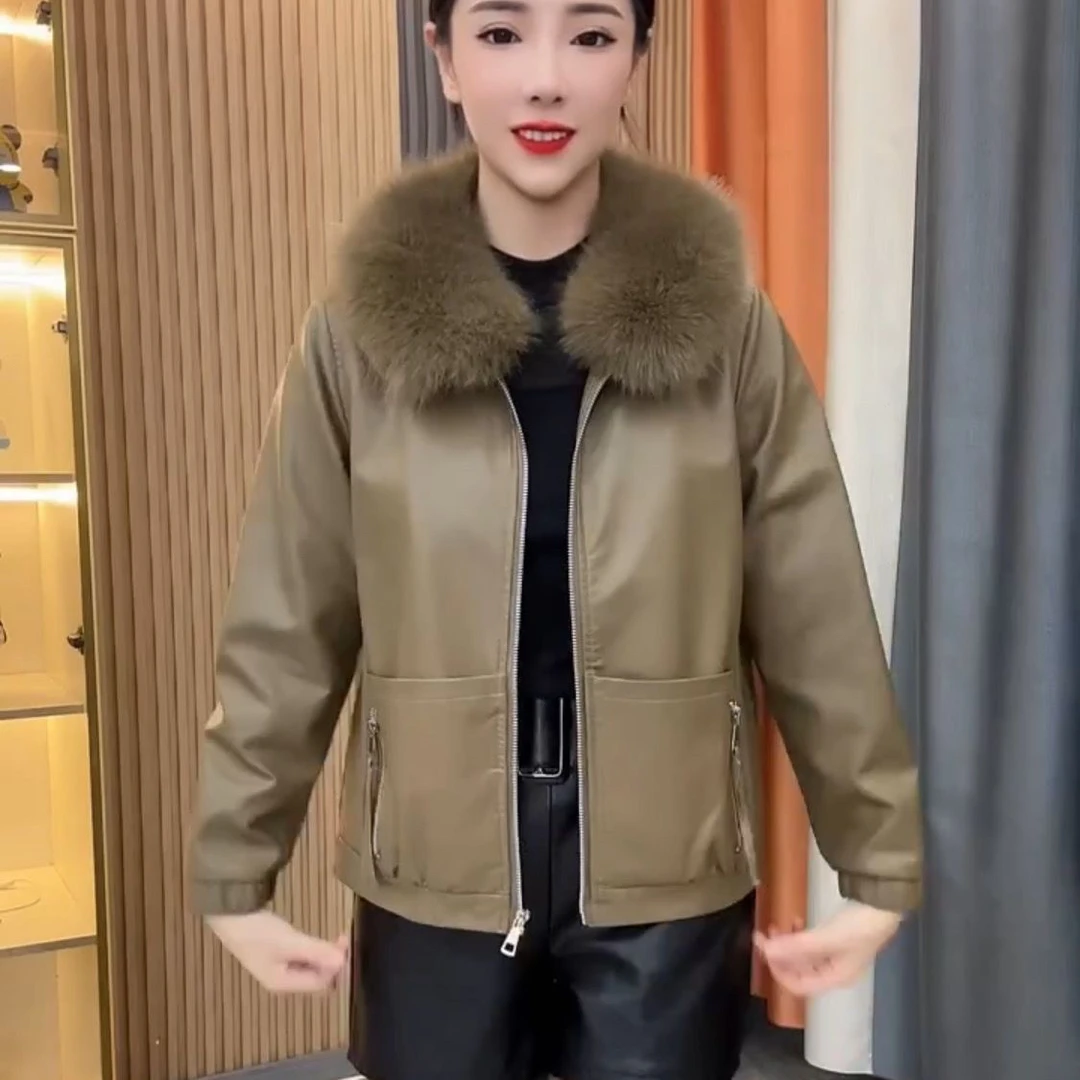 加绒加厚皮衣女外套2025冬季爆款拉链款宽松毛领短款高档皮夹克